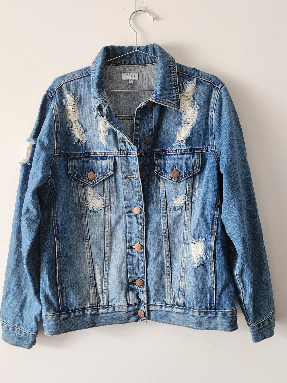 Tobi Oversized Boyfriend Distressed Denim Jacket Womens Small Blue Ripped Jean